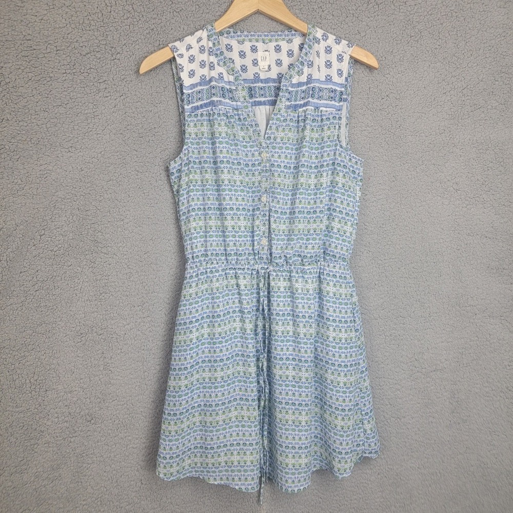 Gap Medallion shirt dress Blue Floral Size S Stretch Waist Sleeveless Buttons